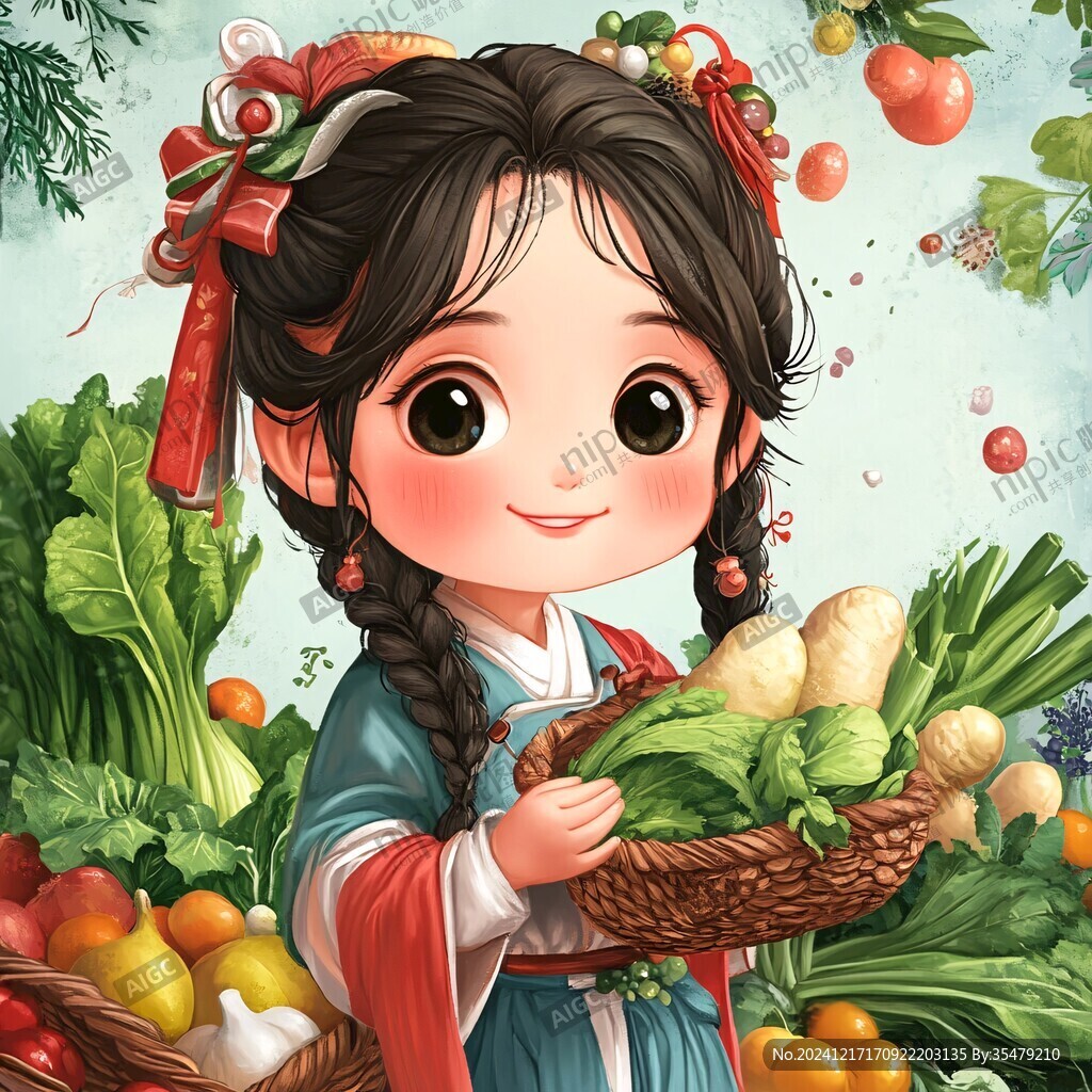 采摘农家少女插画