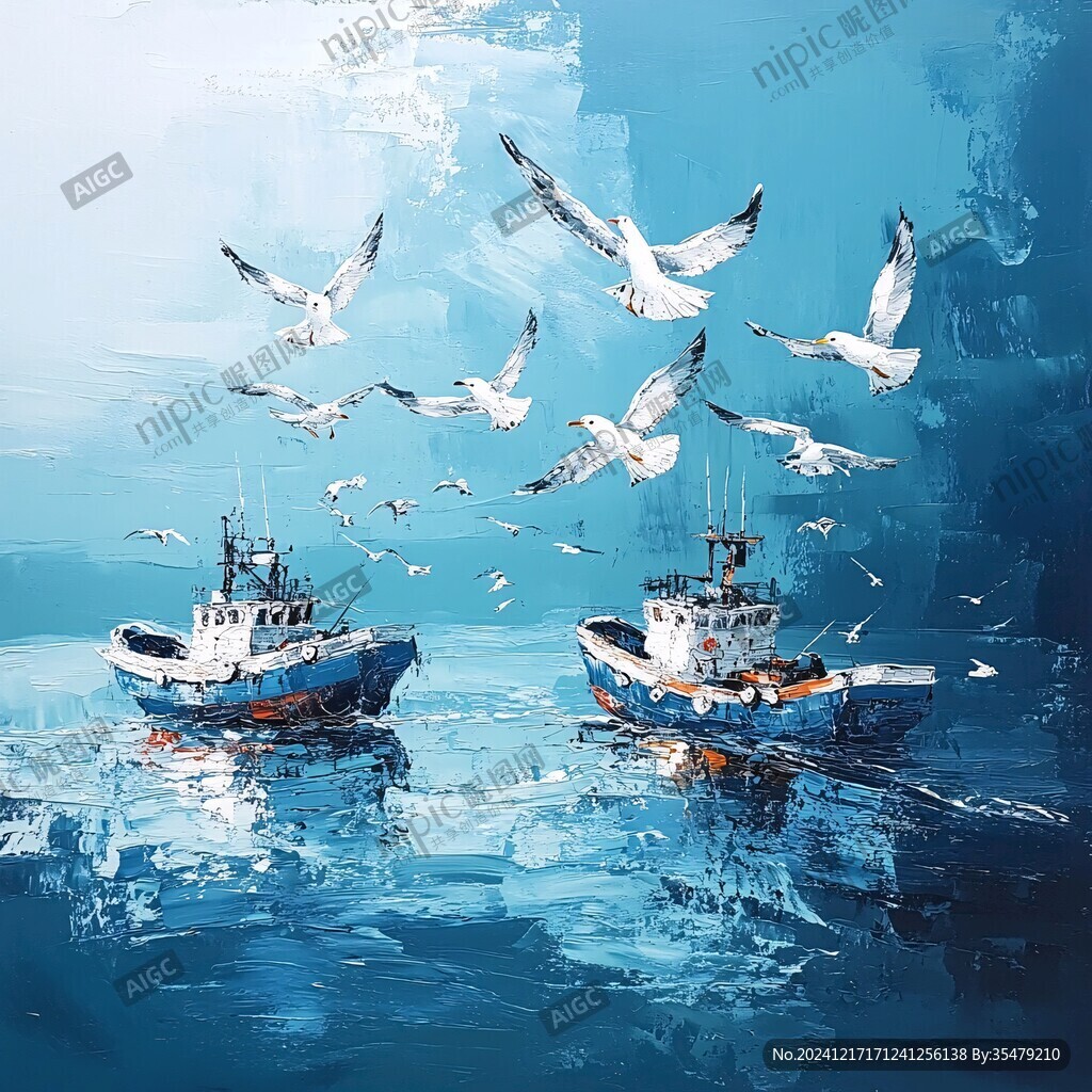 海边渔船海鸥
