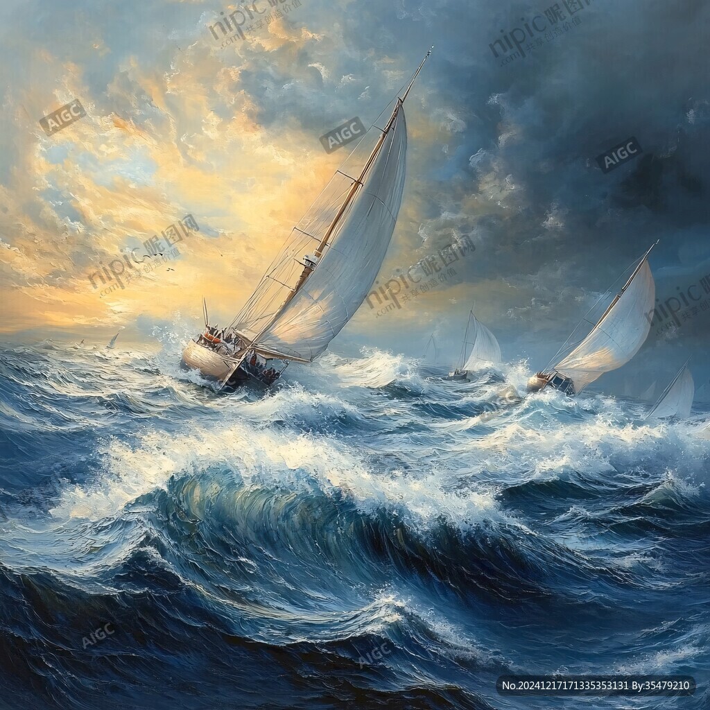 扬帆踏浪油画