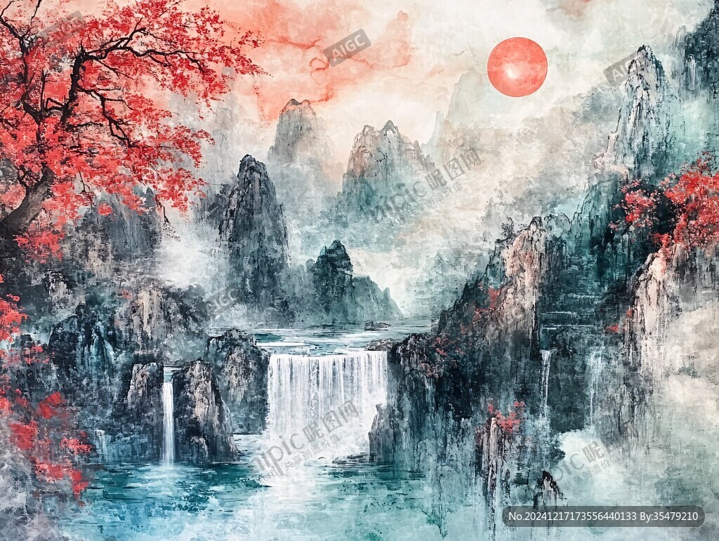 红日水墨山水