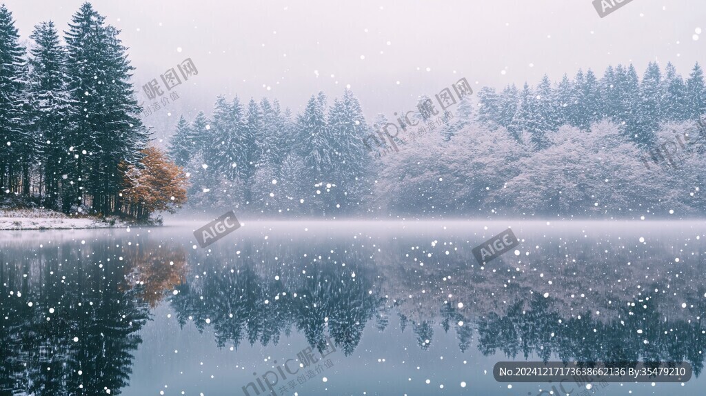 冬季湖畔杉树