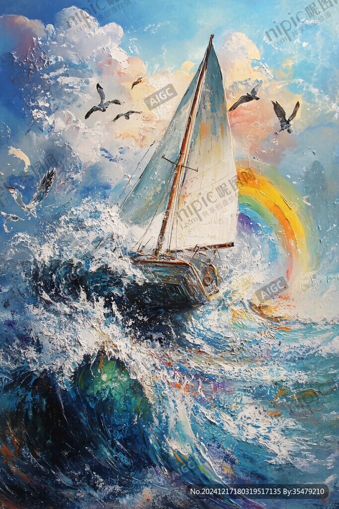 扬帆踏浪油画