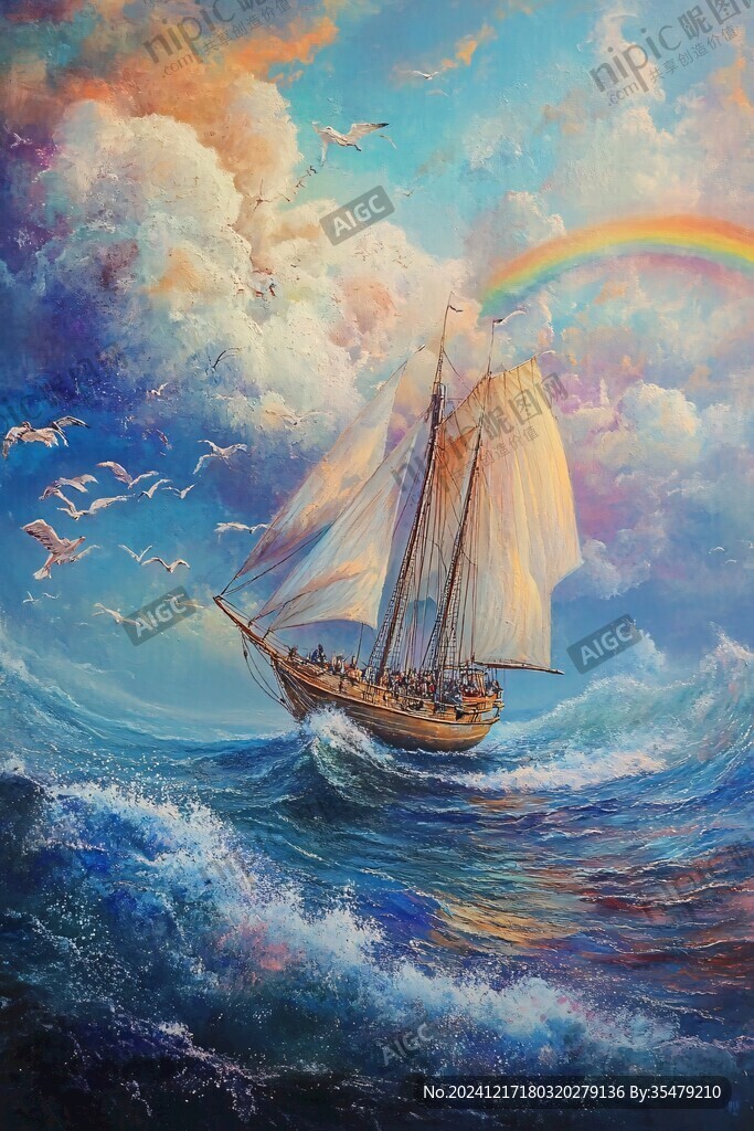扬帆踏浪油画