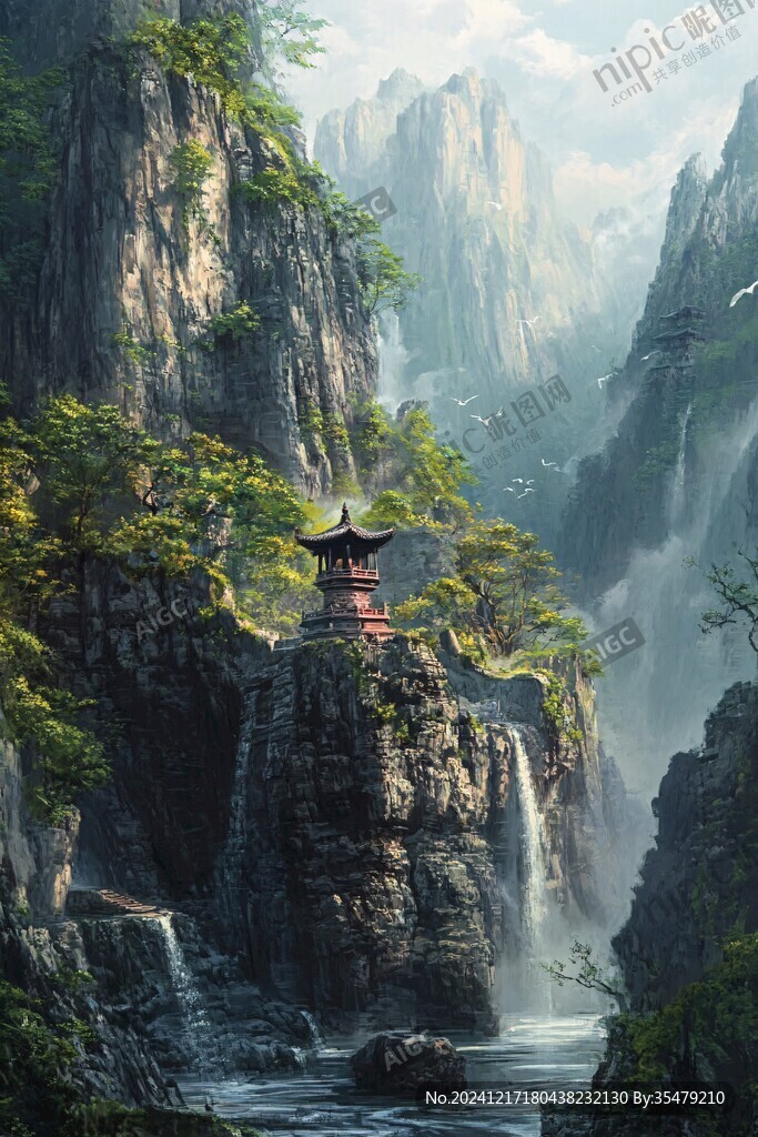 天界晓钟风景插画