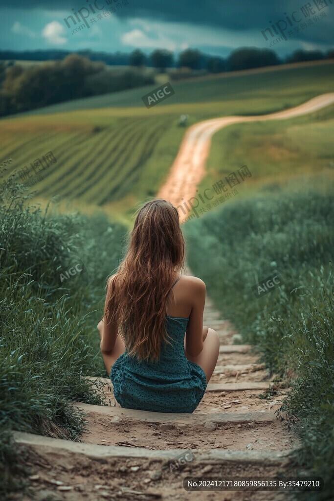 登山小道上的美女背影
