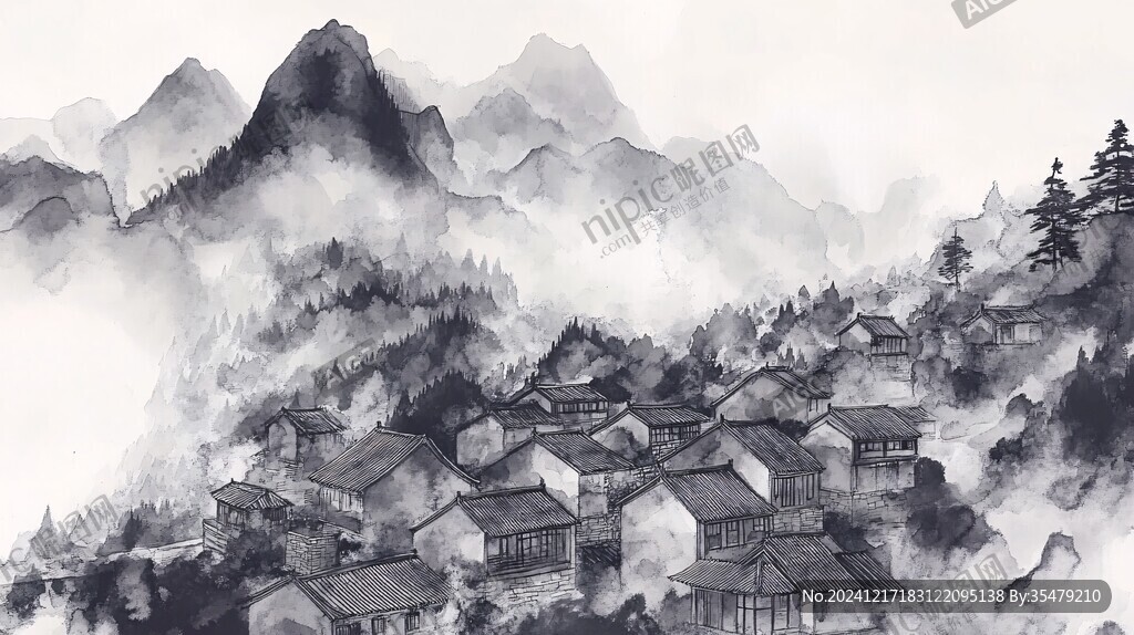 复古水墨山水古村落
