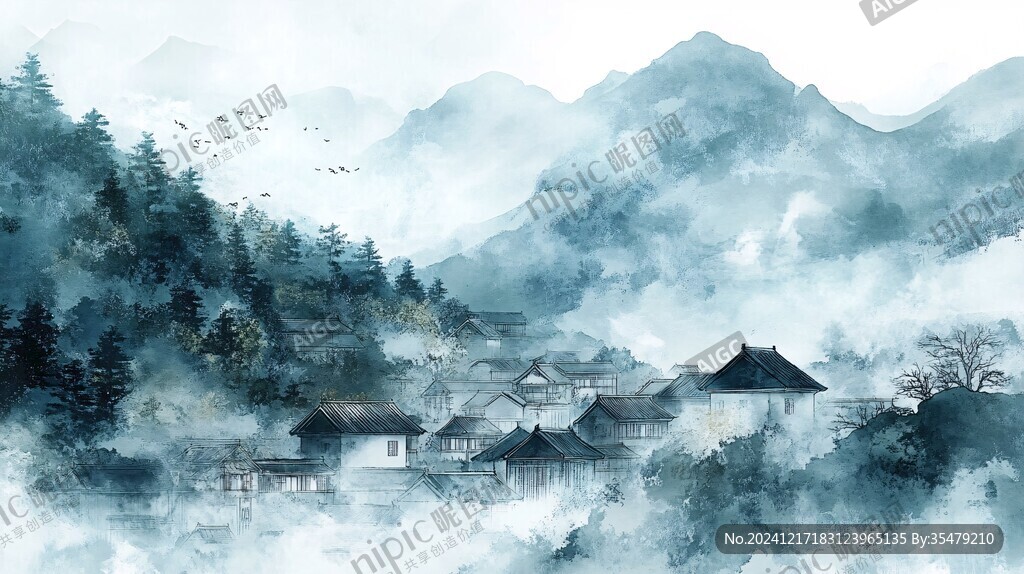 插画横店水彩水墨山水