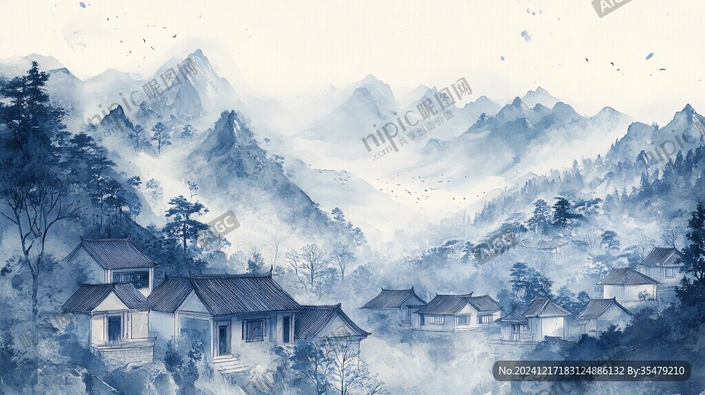 插画华南水彩水墨山水