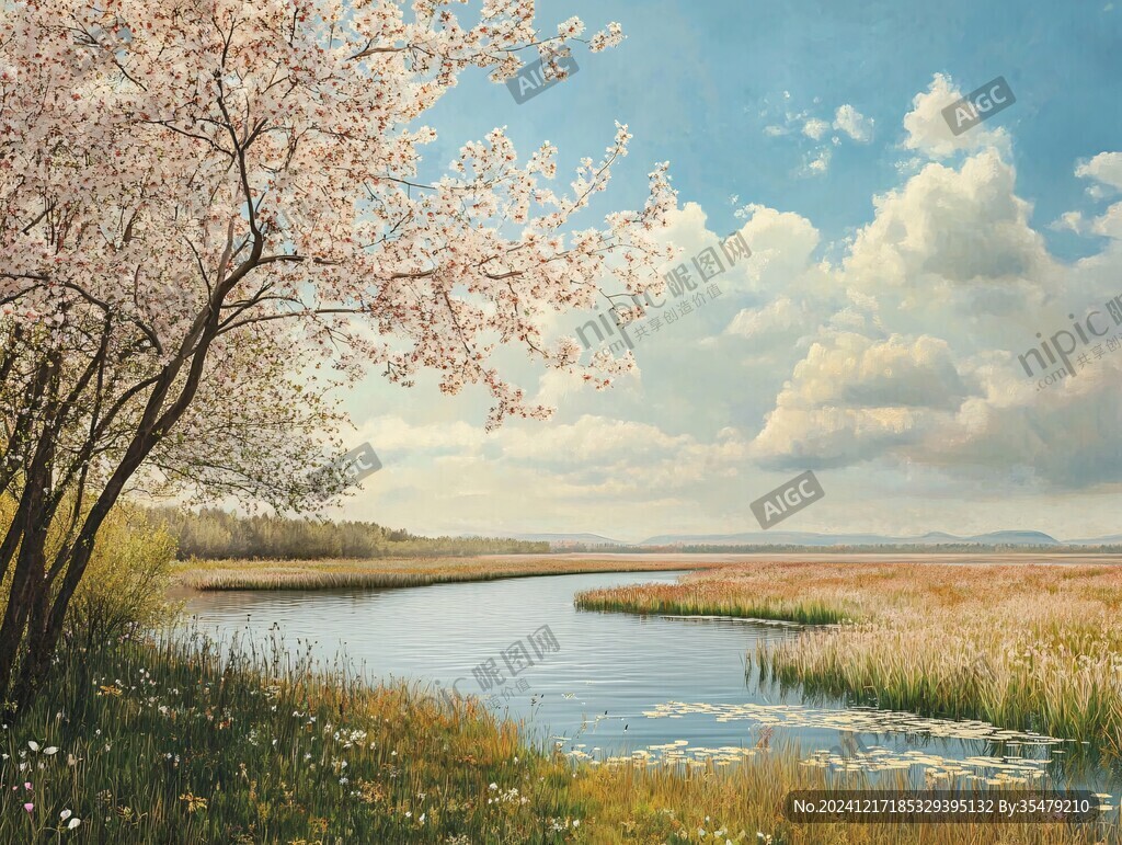 春花灿烂的湖面
