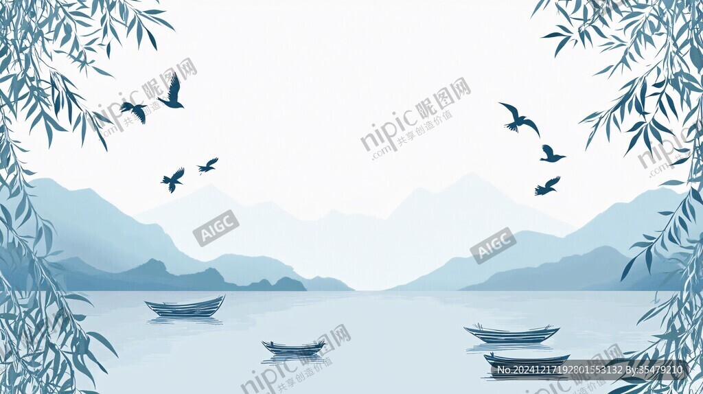 中式山湖插画