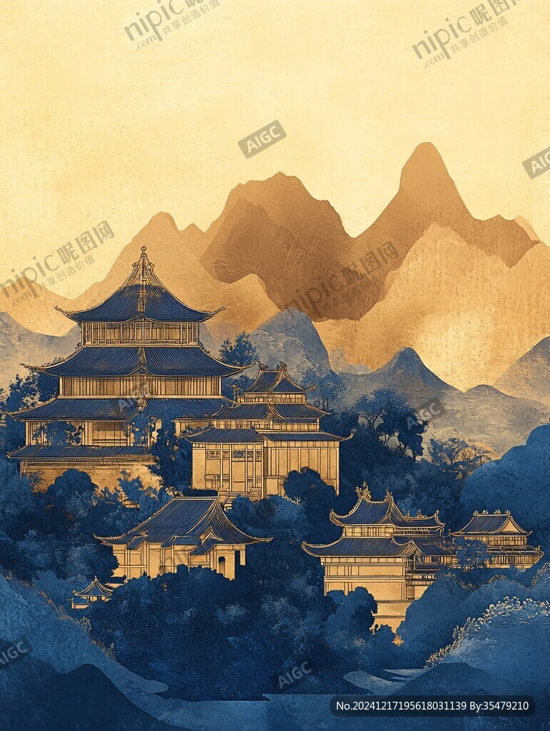横店地标建筑山水画