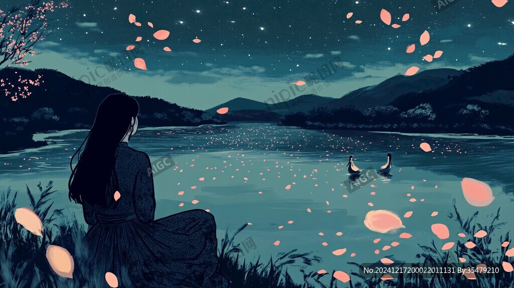 插画夜景湖泊