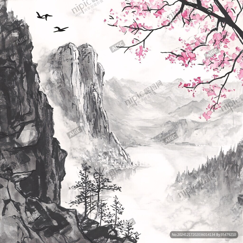 水墨桃花禅意山水