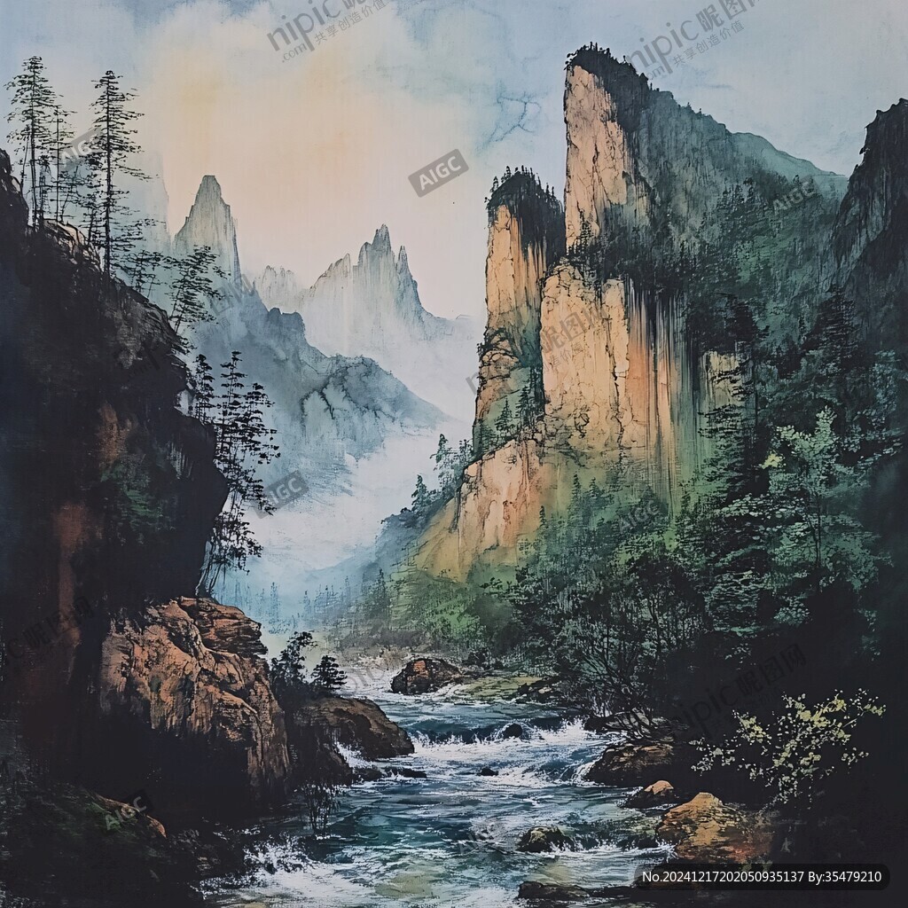 丙烯画山水