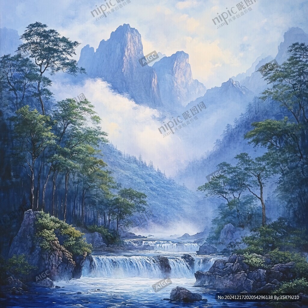 山水风景油画瀑布