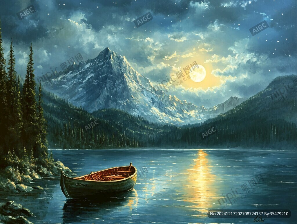 意境图片星月山川挂图