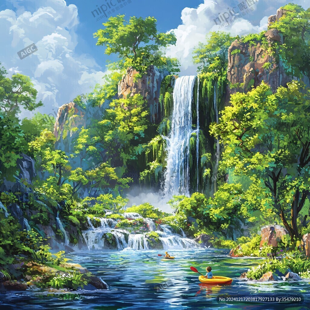 山水风景油画瀑布