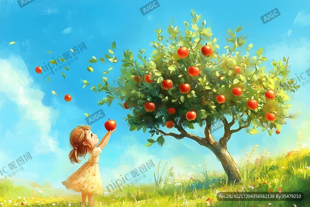 小女孩摘苹果插画
