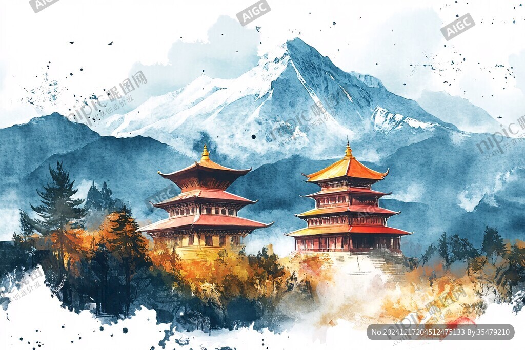 华侨禅风水彩建筑插画