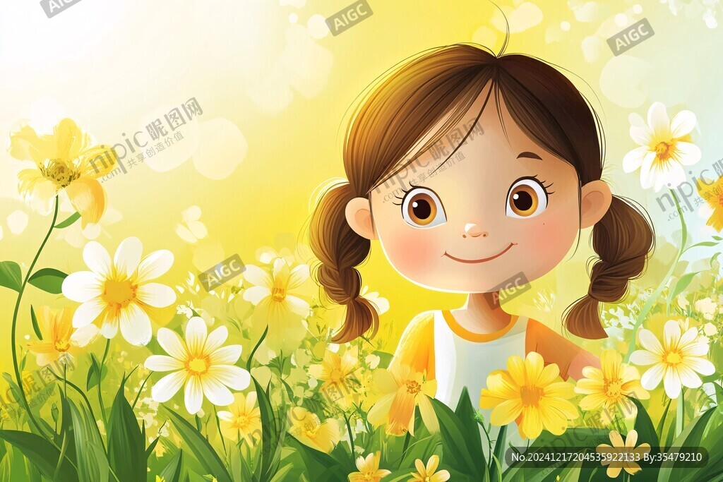 怡然自得的小女孩插画