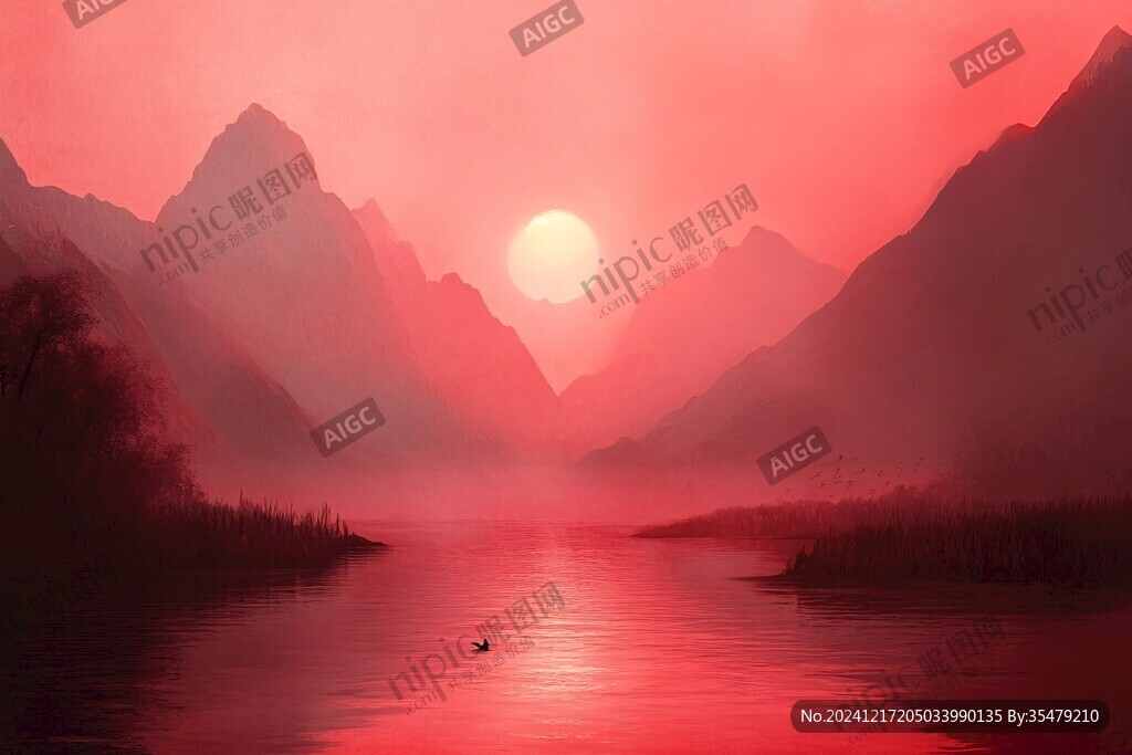 红日水墨山水