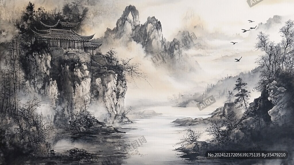 楼阁山水意境画