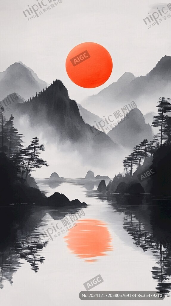 红日水墨山水