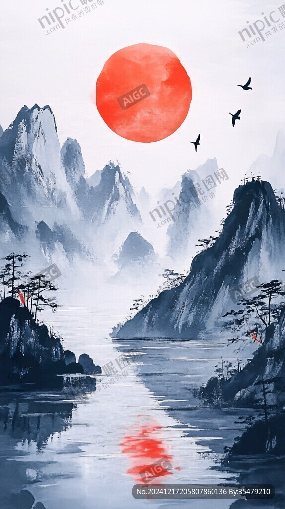 红日水墨山水