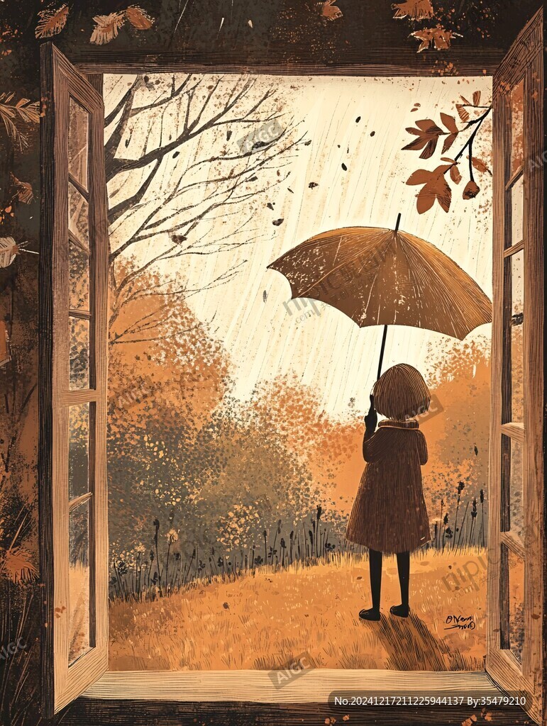 绘呆萌女孩躲雨无框画