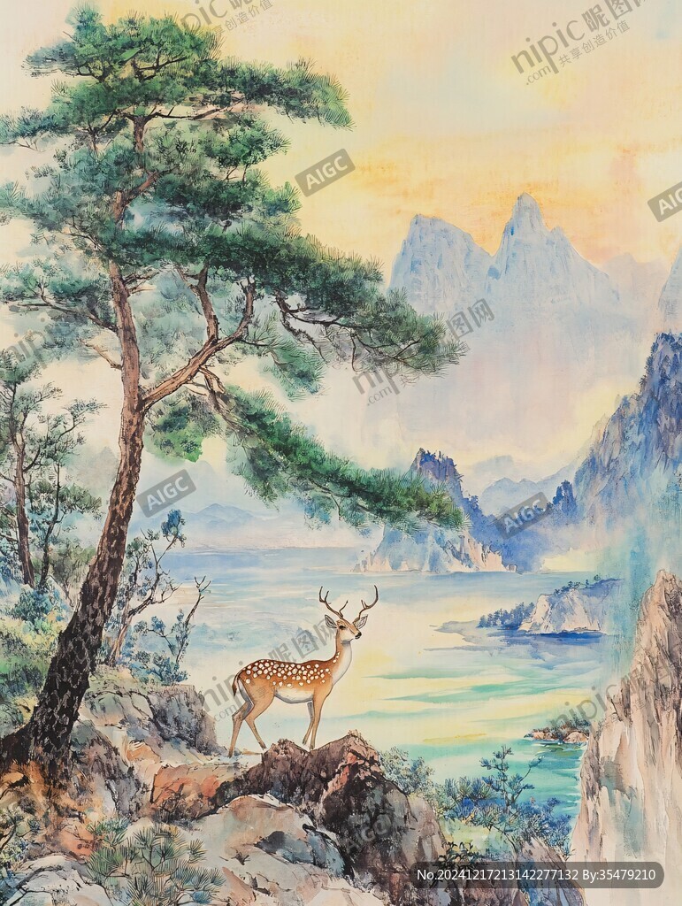 山峰山水画油画梅花鹿