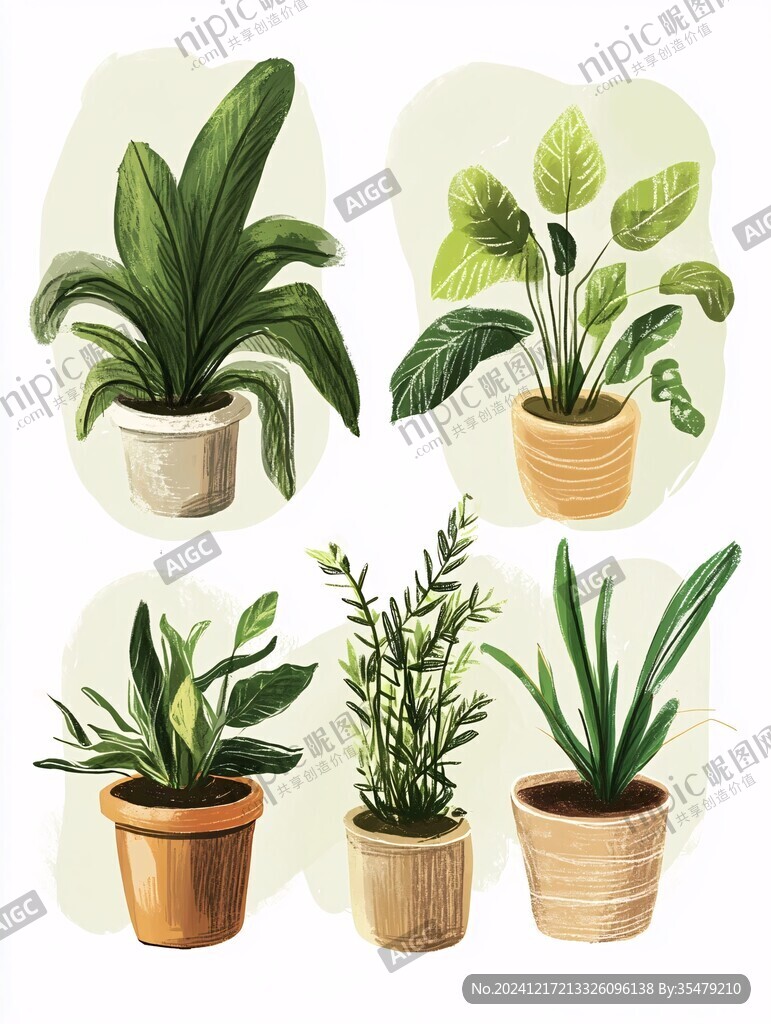 手绘多款植物盆栽