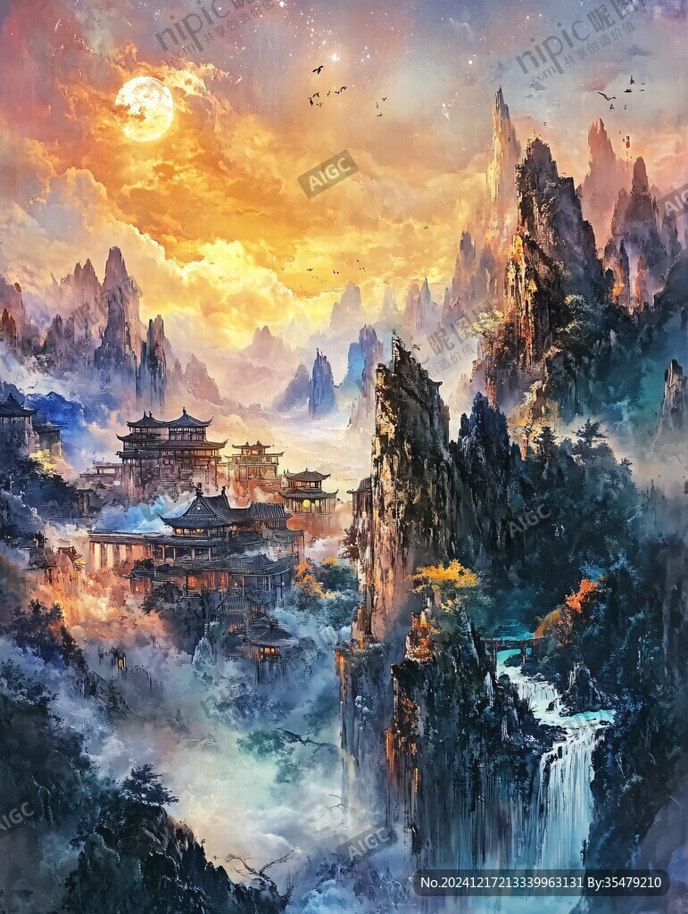 天界晓钟风景插画