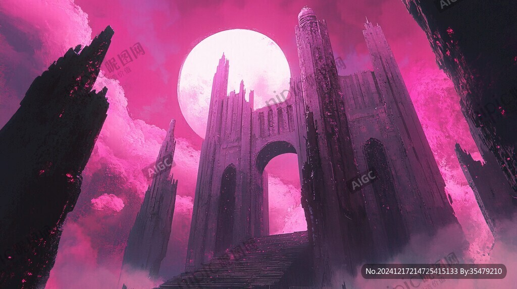 粉红色的超现实主义奇幻城堡
