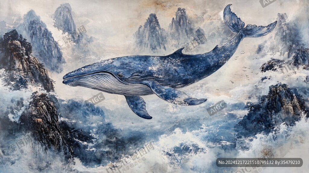 抽象风景画山峰海豚