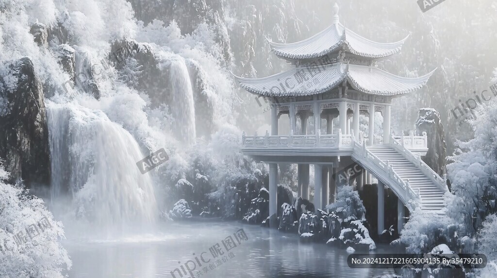 亭台楼阁流水瀑布