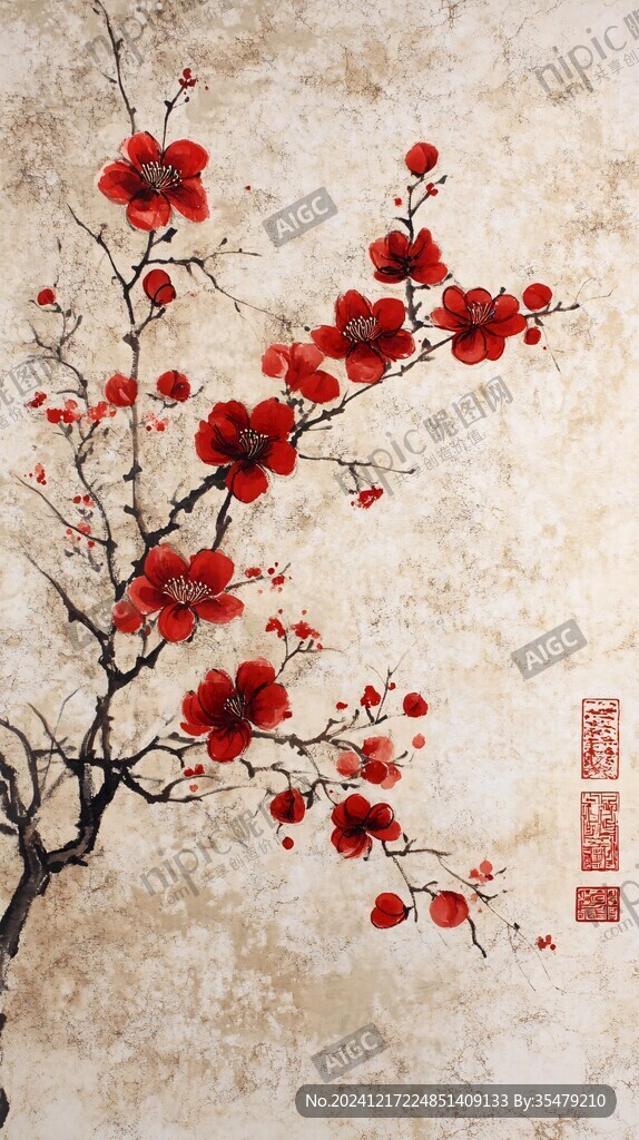 工笔手绘红墙梅花