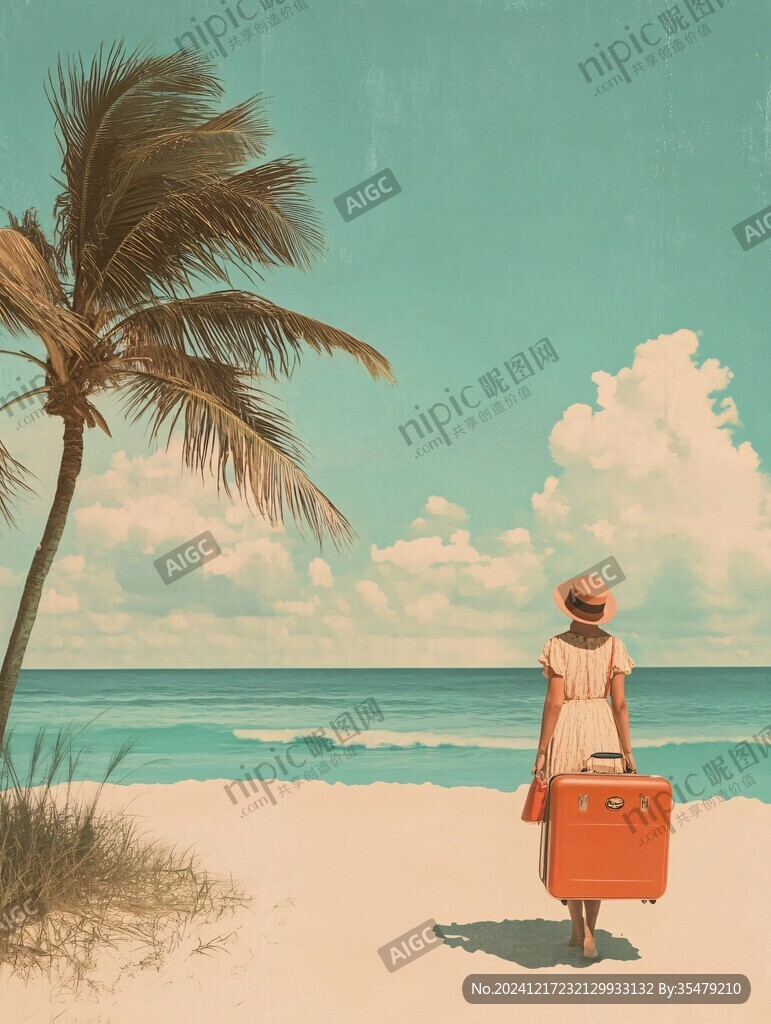 夏天看海美女背影插画