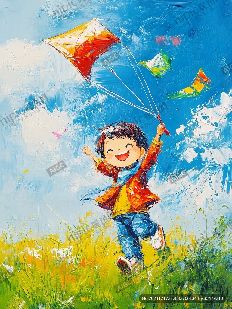 手绘儿童放风筝