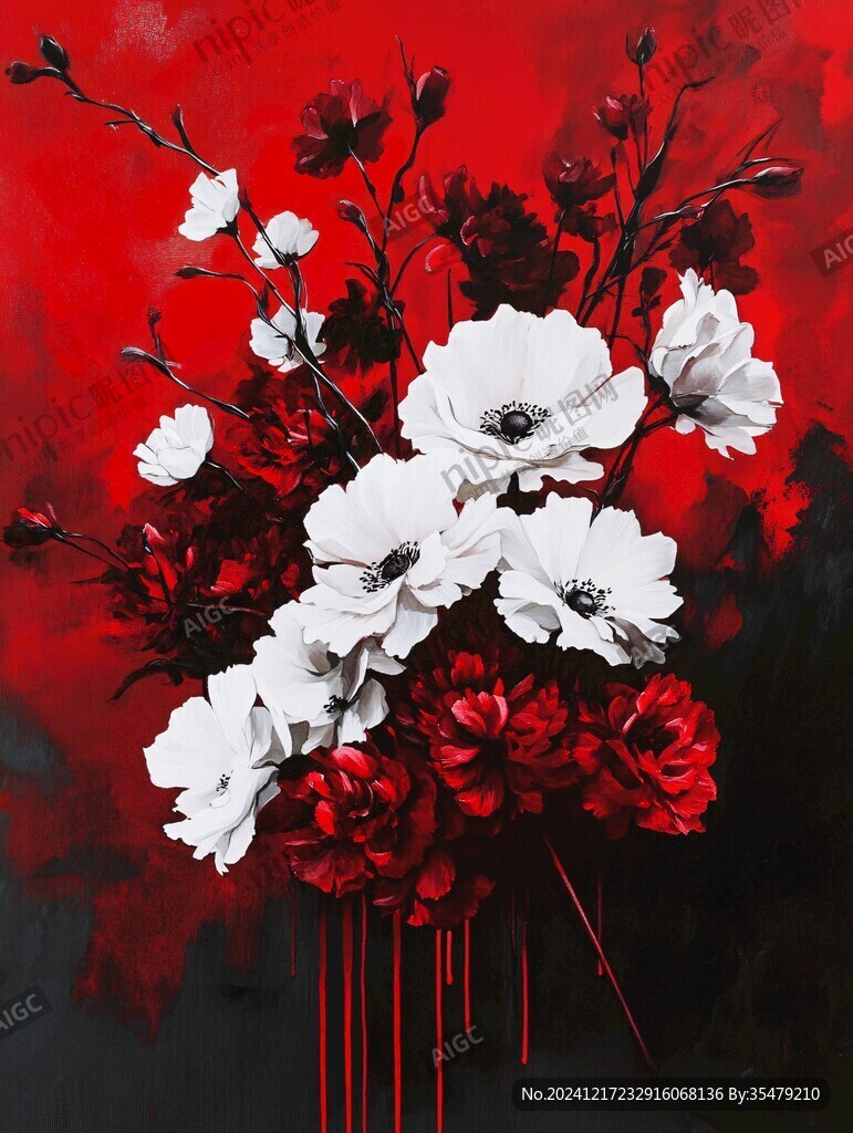 红白花艺手绘