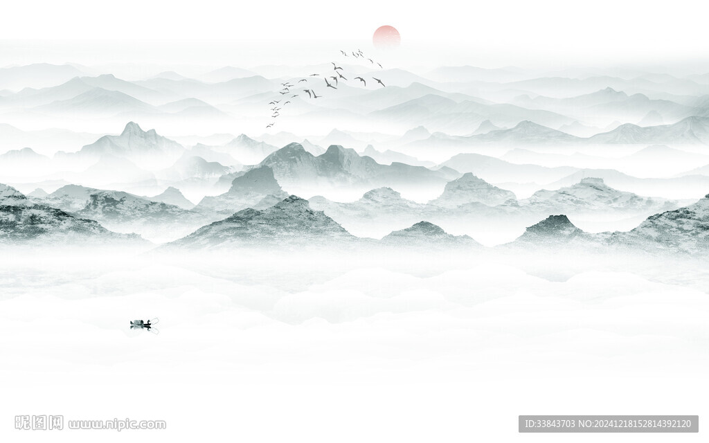 山水飞鸟意境山水画