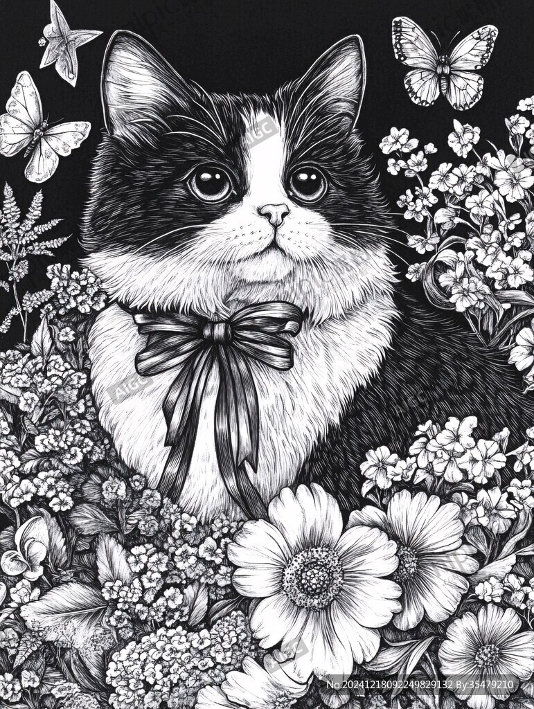 猫咪黑白风插画