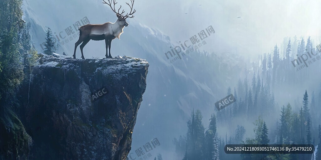 北欧森林麋鹿风景画