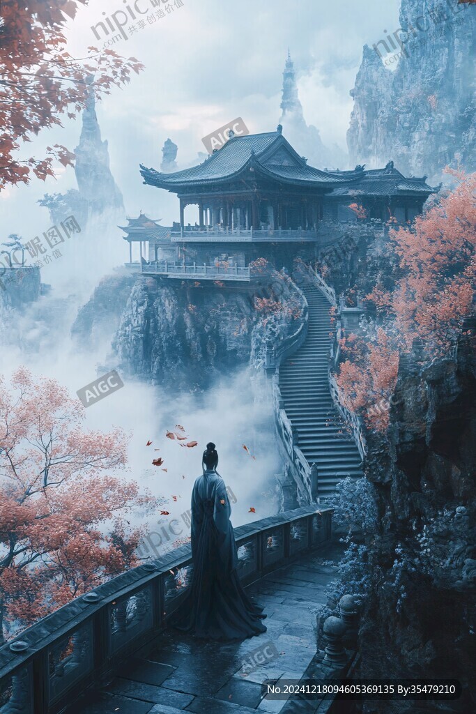 楼阁古风仙鹿仙景