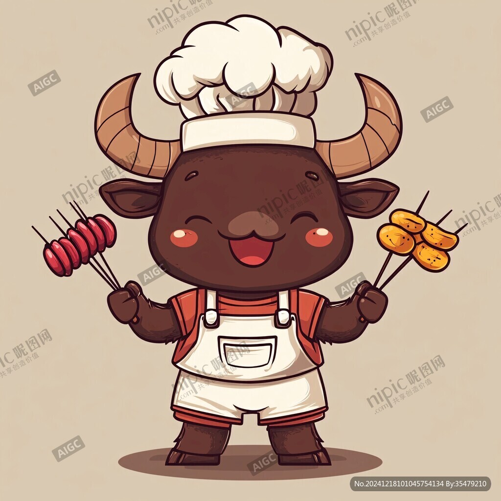 卡通牛厨师撸串