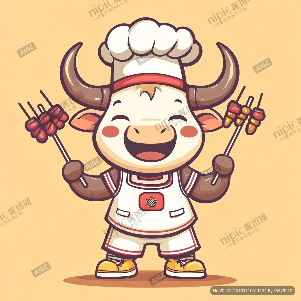 卡通牛厨师撸串