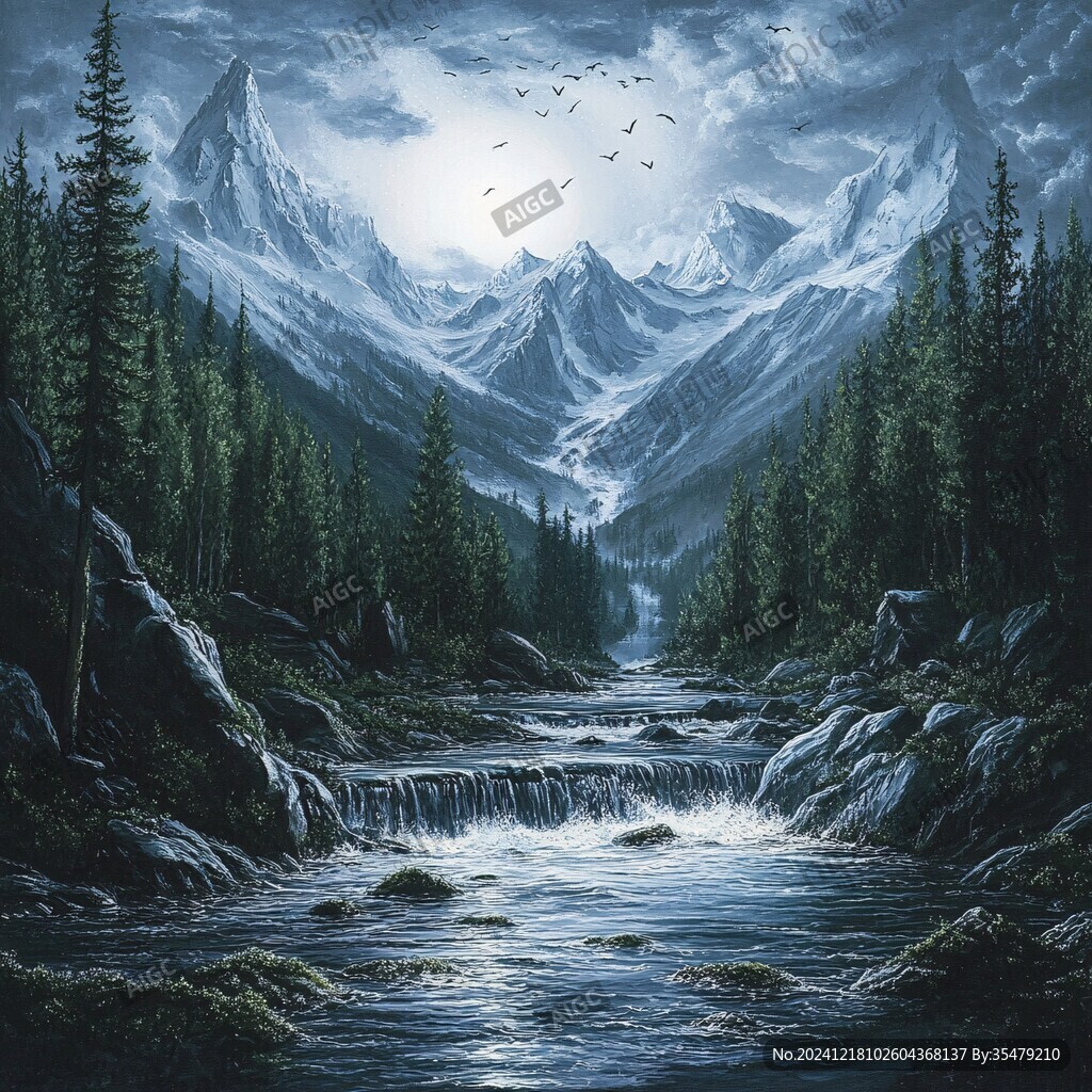 雪山河流油画
