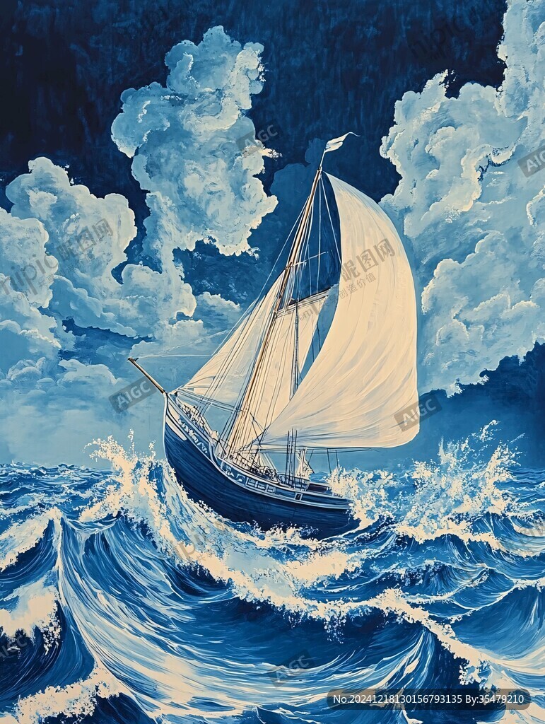 扬帆踏浪油画