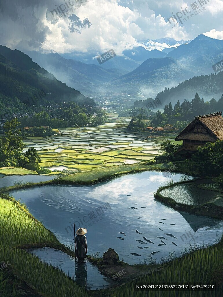 稻田养鱼插画