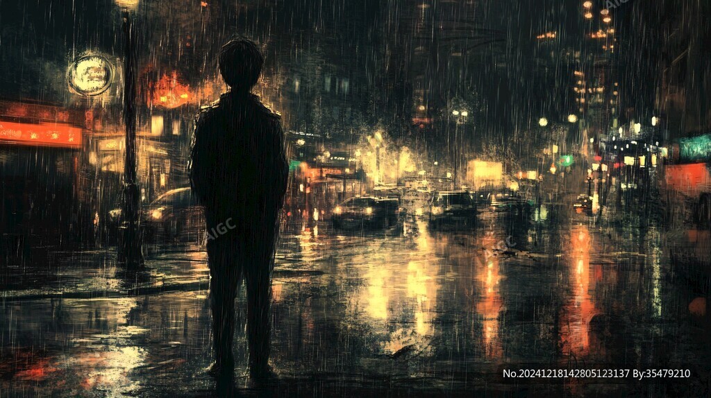 夜晚雨中行走的人