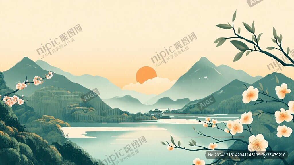 中式山湖插画